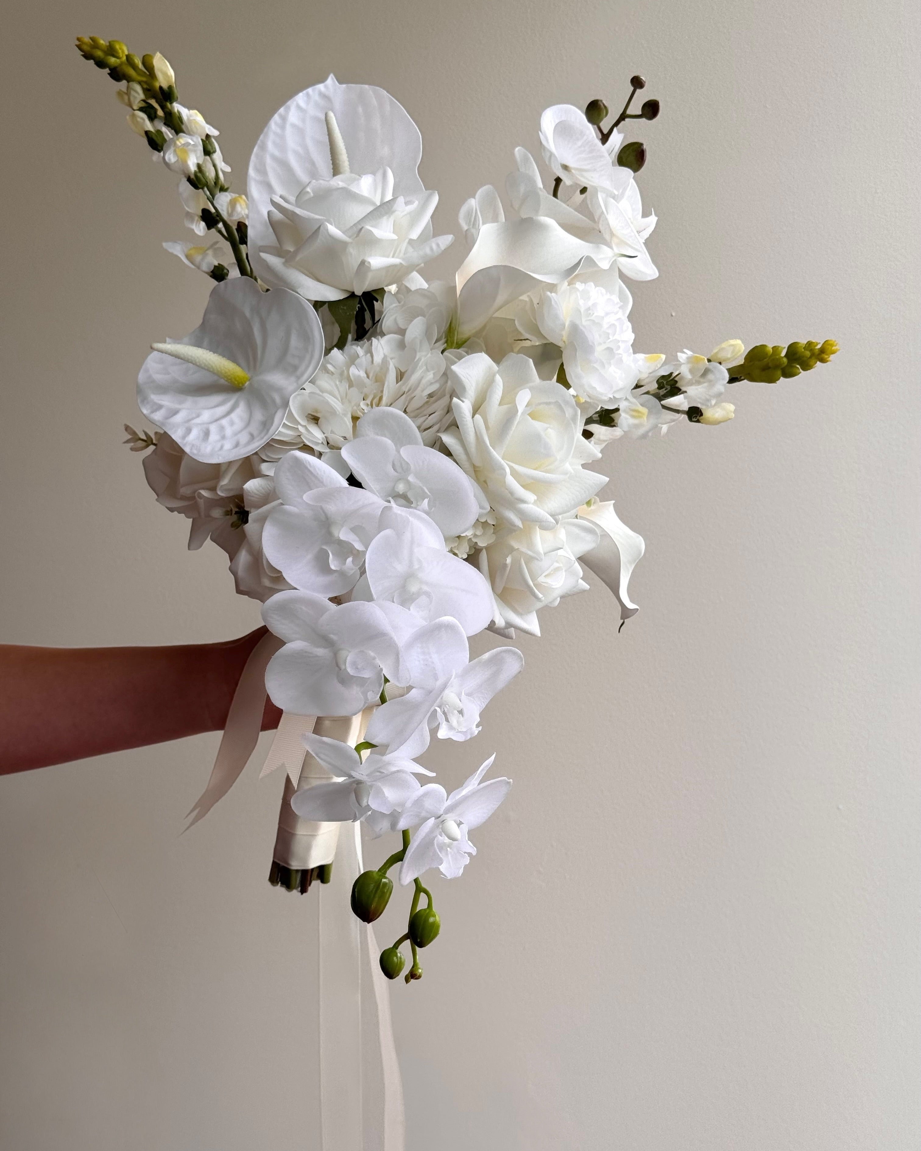 White wedding bouquet with orchid roses calla lilly modern artificial bridal bouquet