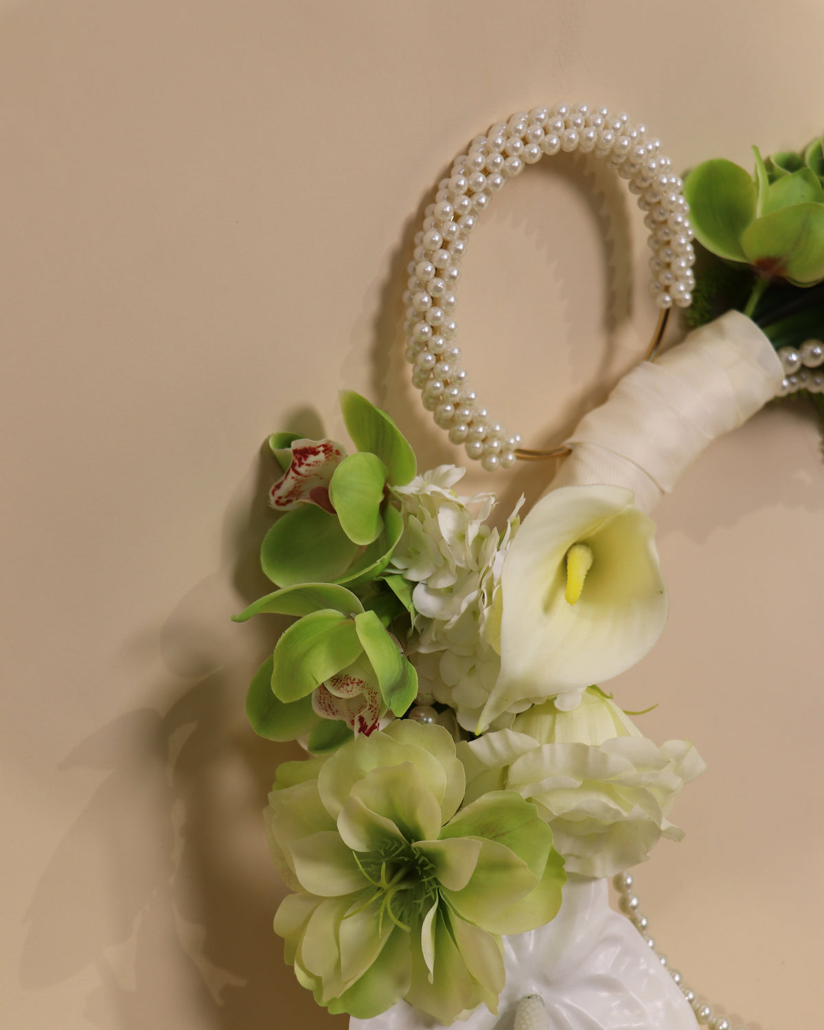 Close-up shot of the Greenstone Forest handbag bridal bouquet