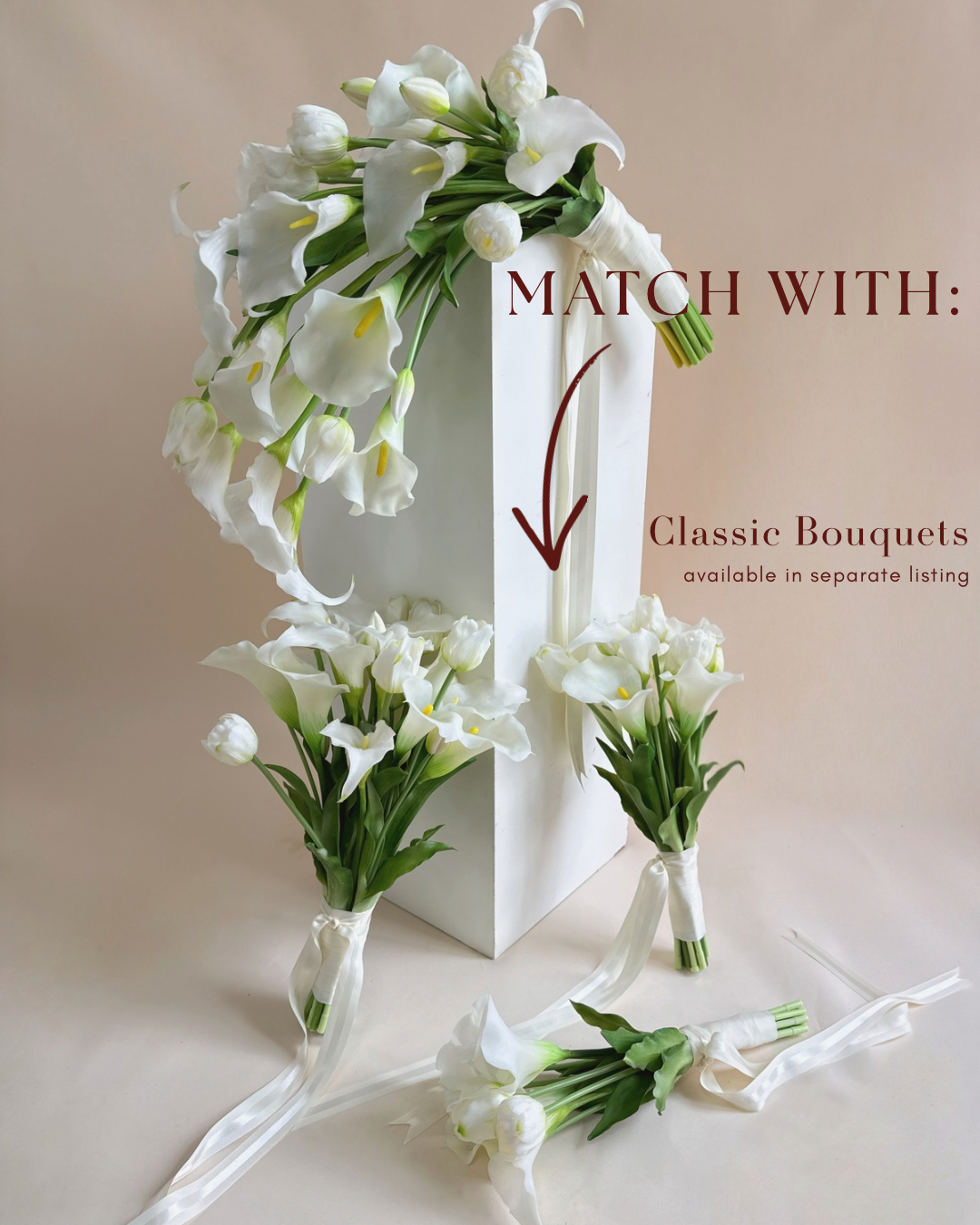 Cascading bridal bouquet with tulips and calla lilies