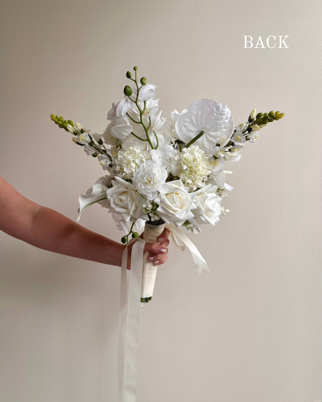 White wedding bouquet with orchid roses calla lilly modern artificial bridal bouquet from back