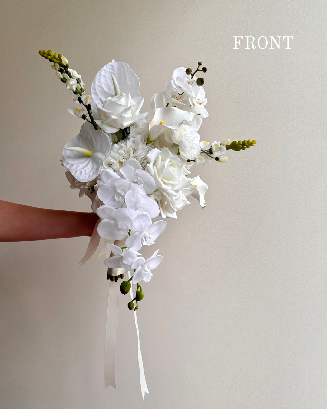 White wedding bouquet with orchid roses calla lilly modern artificial bridal bouquet from front