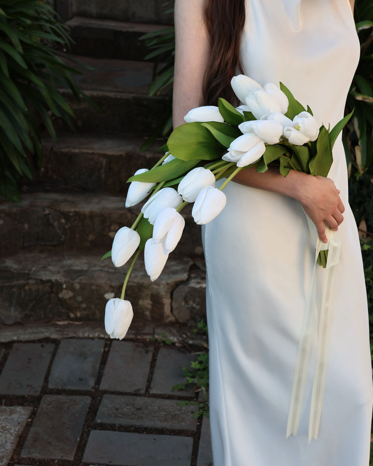 Cascading white tulip bridal bouquet
